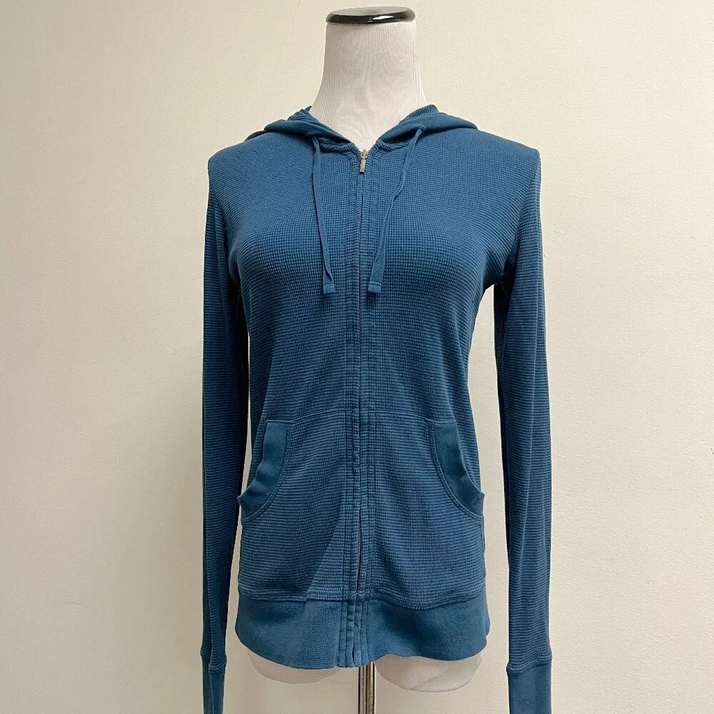 Patagonia thermal hooded zip top blue cotton M thumbholes - Picture 4 of 7